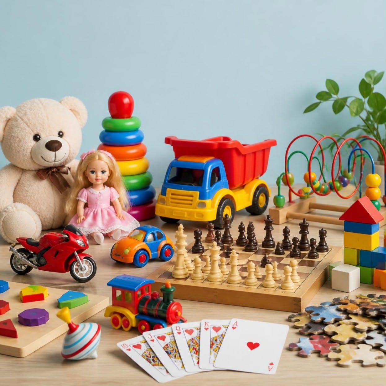 Brinquedos variados: urso de pelúcia, caminhão, jogo de xadrez, quebra-cabeça e blocos de montar