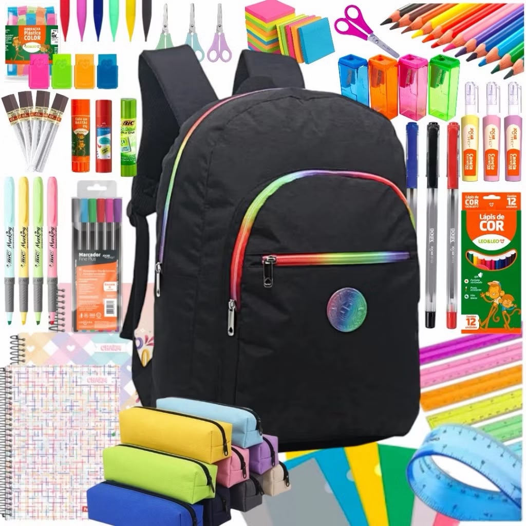 Kit escolar completo com mochila, cadernos, lápis de cor, canetas e estojos